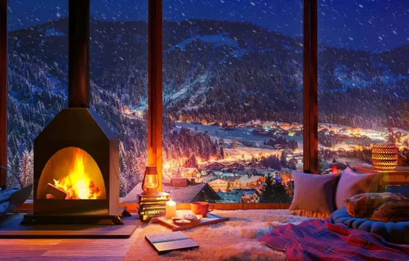 Картинка интерьер, камин, уютная комната, cozy winter living room