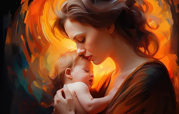 Картинка Девушка, Любовь, Ребенок, Двое, Мама, Цифровое искусство, Младенец, ИИ-арт