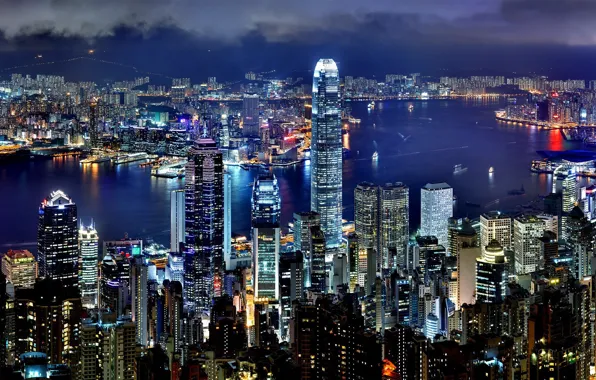 Картинка skyscrapers, widescreen, Hong Kong, cityscape, city, sea, lights, buildings