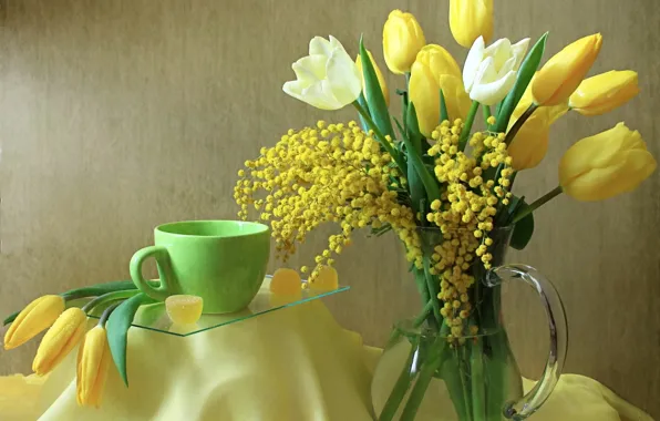 Цветы, чашка, тюльпаны, кувшин, натюрморт, мармелад, мимоза