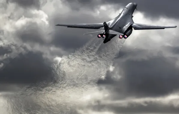 Картинка пасмурно, США, бомбардировщик, взлет, сопла, стратегический, Rockwell B-1 Lancer, тепловой след