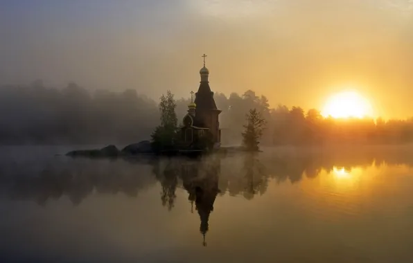 Туман, утро, церковь, Россия