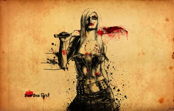 Девушка, кровь, girl, zombie, тесак