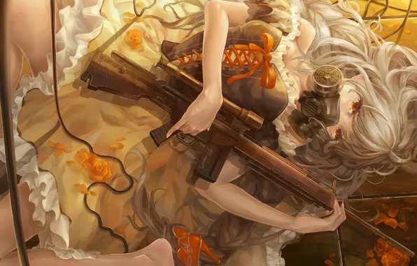 Картинка девушка, оружие, маска, арт, автомат, противогаз, лежа, piyotama
