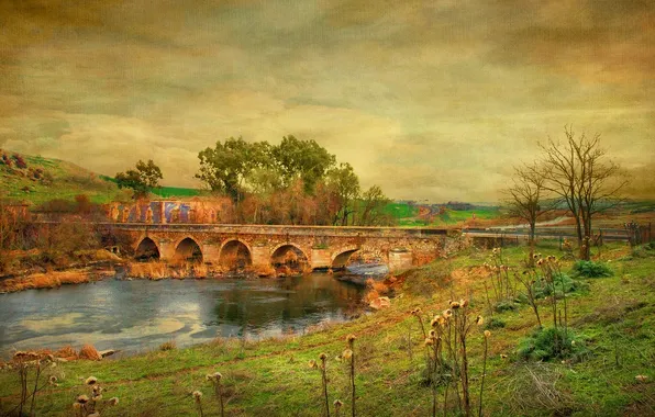 Картинка мост, природа, река, холмы, краски, текстура, холст