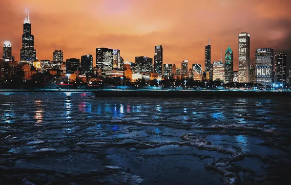Ночь, Чикаго, Небоскребы, USA, Chicago, skyline, nightscape
