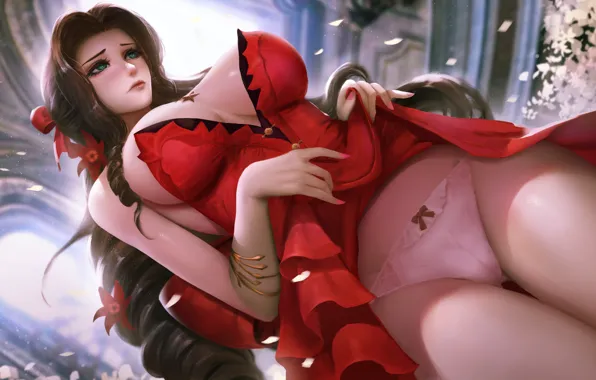 Девушка, цветы, final fantasy, square enix, смущение, aerith gainsborough, by turewindwalker