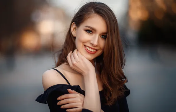 Картинка взгляд, девушка, лицо, поза, улыбка, волосы, макияж, шатенка