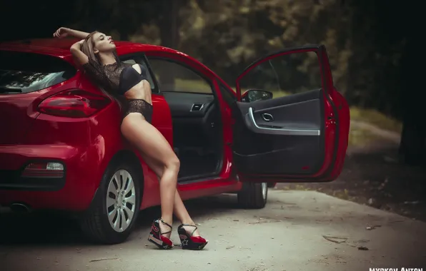 Дорога, девушка, деревья, природа, модель, белье, фигура, стройная