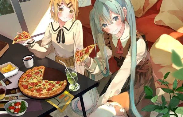 Стол, бокал, растение, подушки, кружка, блузка, напиток, vocaloid