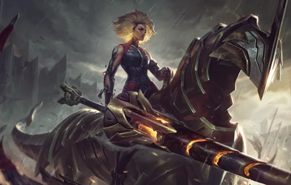 Девушка, дождь, воин, фэнтези, League of Legends, Riot Games, Jeremy Anninos, Rell