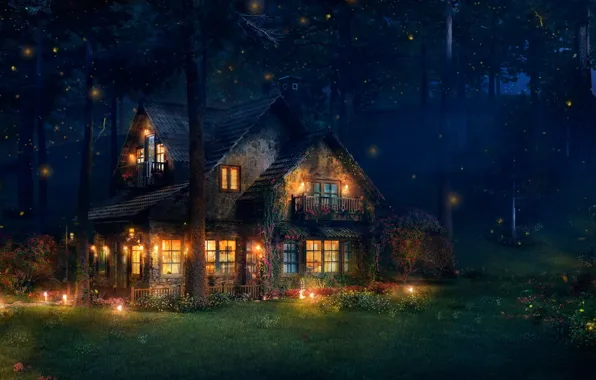 Лес, дом, светлячки, арт, The Firefly Cottage