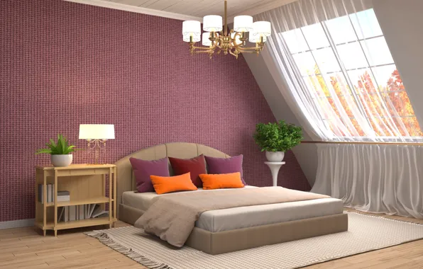 Картинка дизайн, дом, кровать, интерьер, окно, люстра, спальня