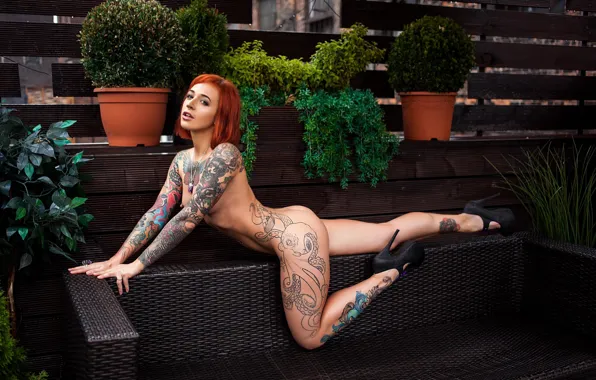 Ass, boobs, model, tattoo, women, redhead, nude, plants