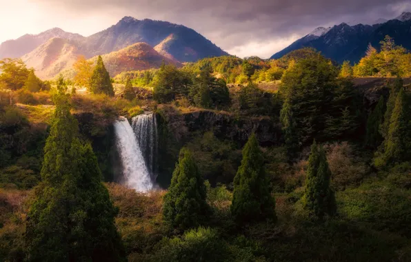 Картинка осень, свет, деревья, горы, природа, водопад, Национальный парк