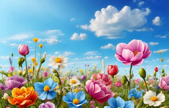 Поле, цветы, весна, colorful, sunshine, цветение, flowers, spring