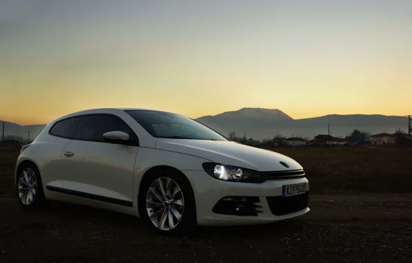 Закат, горы, volkswagen scirocco, scirocco