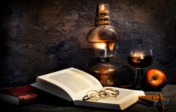 Картинка книги, лампа, яблоко, очки, Burning the midnight oil