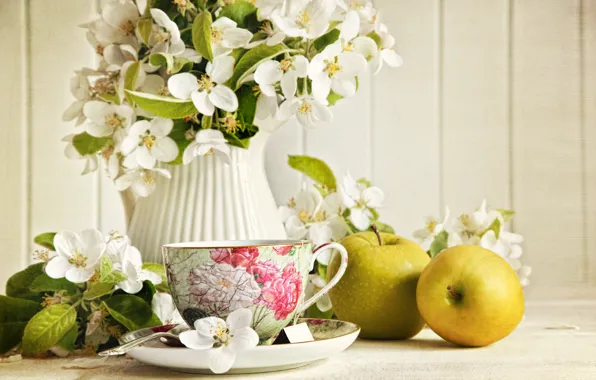 Картинка цветы, чай, чашка, жасмин, зеленые, яблоки, кувшин