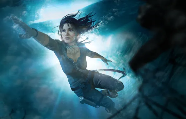 Картинка море, девушка, lara croft, tomb raider, под водой, underwater, art, плывет