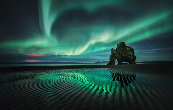 Пляж, небо, ночь, скала, северное сияние, отлив, Исландия
