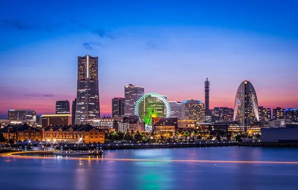 Море, Ночь, Город, Небоскребы, Красота, Mirai, Yokohama, Минато