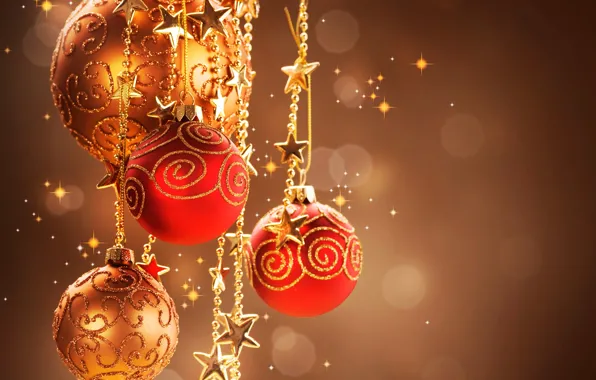 Звезды, шары, игрушки, Новый Год, Рождество, красные, Christmas, золотые