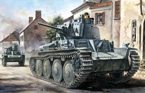 Рисунок, арт, Третий рейх, изначально чехословацкий лёгкий танк, Pz. BfWg 38(t) Ausf.B