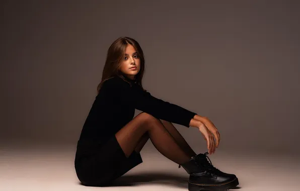 Long hair, dress, woman, young, beautiful, model, boots, tights