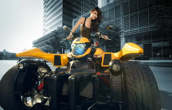 Картинка девушка, город, мотоцикл