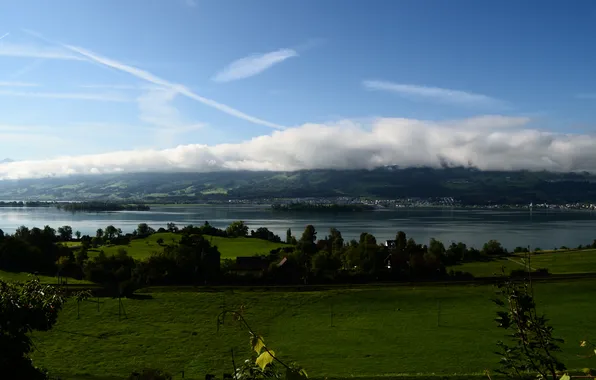 Небо, облака, горы, озеро, Природа, Zürichsee