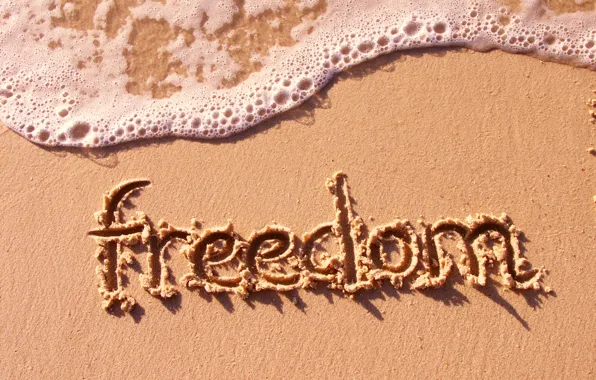 Картинка песок, море, пляж, свобода, настроение, надпись, волна, freedom