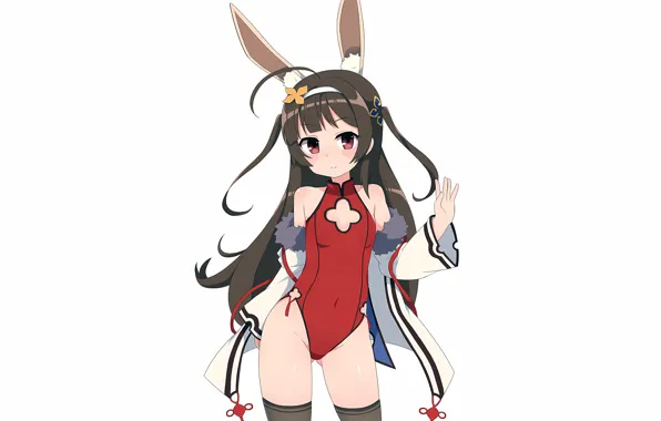 Girl, sexy, cleavage, thighhighs, long hair, brown hair, boobs, anime