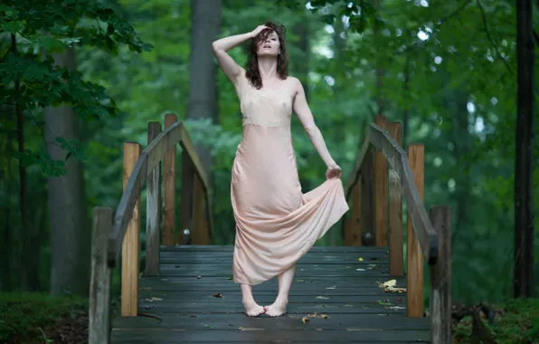 Girl, forest, blouse, boobs, woman, bridge, model, tits