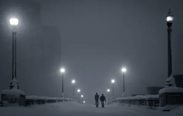 Картинка зима, снег, ночь, огни, туман, люди, дома, фонари