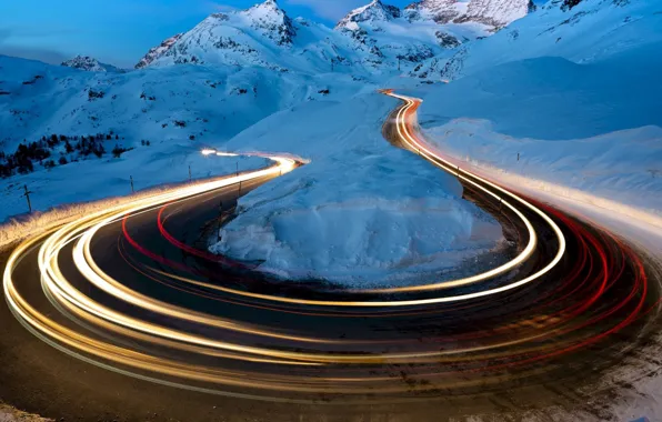 Road, photography, landscape, nature, night, winter, snow, Mountains