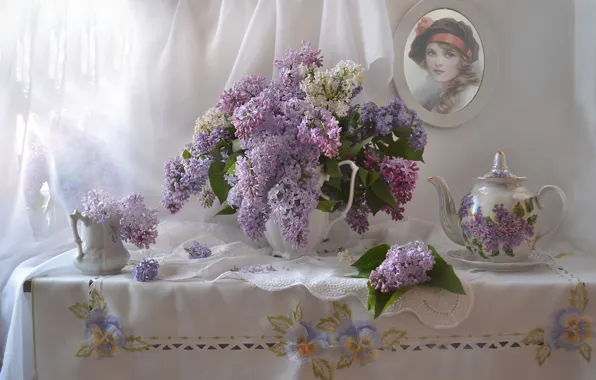 Цветы, фото, букет, весна, сирень, сервиз