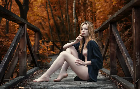 Осень, грудь, деревья, природа, секси, поза, модель, голая
