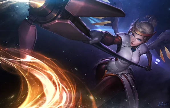 Девушка, Блондинка, Крылья, Арт, Illustration, Персонаж, Overwatch, Mercy