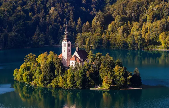 Картинка лес, горы, природа, остров, церковь, Словения, озеро Блед