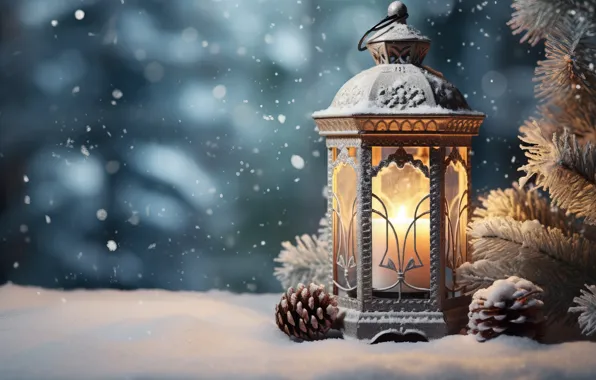 Зима, снег, украшения, Новый Год, Рождество, фонарь, light, new year