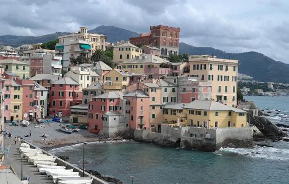 Картинка море, тучи, краски, дома, лодки, Италия, Генуя, Боккадассе
