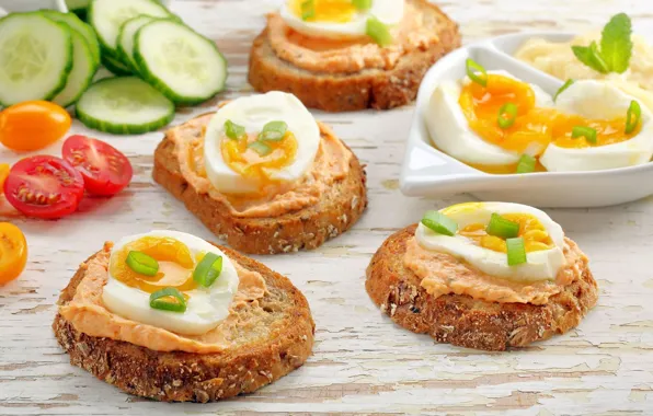 Яйца, огурец, помидор, бутерброды, закуска, паштет