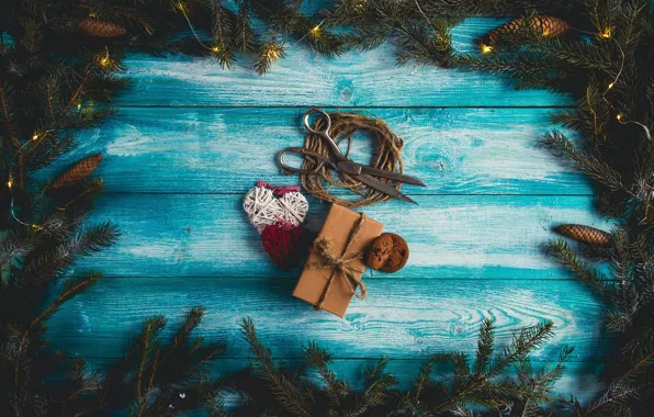 Фон, дерево, подарок, елка, Новый Год, Рождество, Christmas, шишки