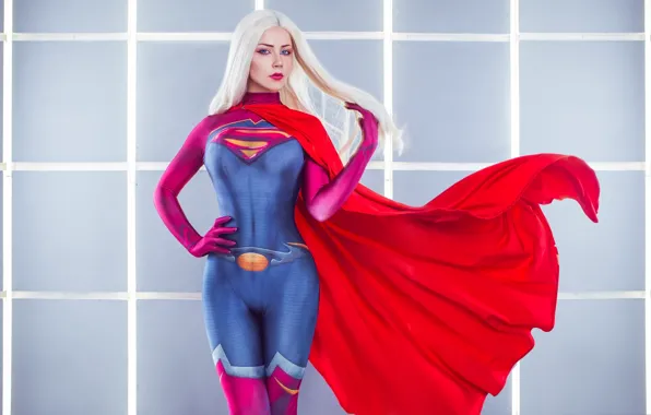 Girl, cosplay, superwoman, blonde, costume, cape