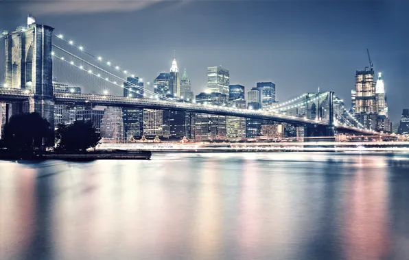Картинка свет, город, Нью-Йорк, Бруклин, Бруклинский мост, Манхэттен, сша, new york