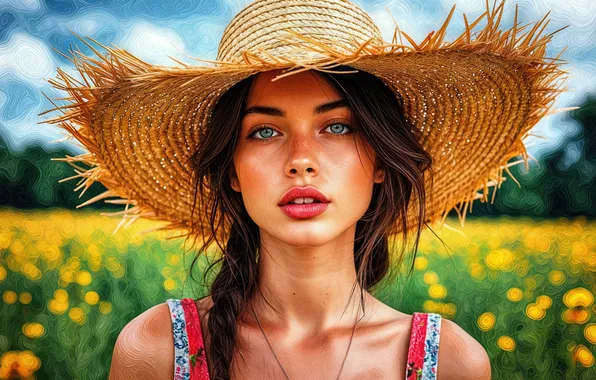 Лето, взгляд, девушка, цветы, поза, портрет, шляпа, шатенка