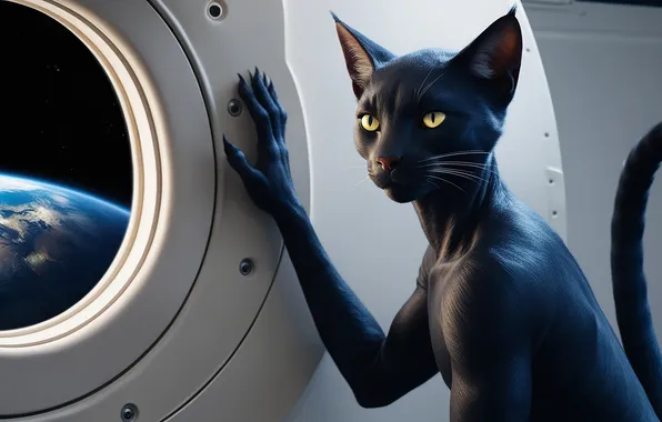 Кошка, кот, взгляд, космос, полет, поза, фантастика, черный