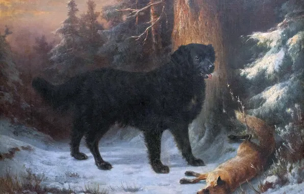 Зима, Собака, Деревья, Снег, Лиса, Картина, Carl Reichert, Карл Райхерт