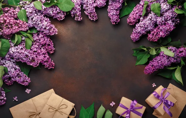 Цветы, подарок, wood, flowers, сирень, lilac, frame, gift box
